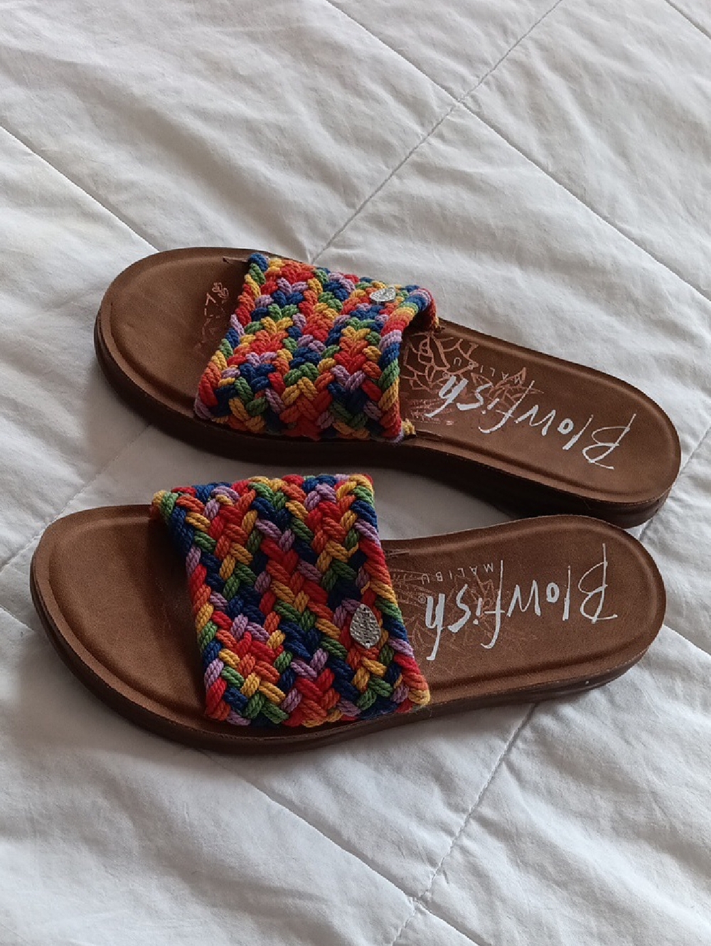 Blowfish Braided Rainbow Slide Sandals with Brown Footbed